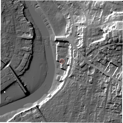 Shaded relief map of the ground around SO181UG, computed from Environment Agency LiDAR. The ground here sits at about 4 m above sea level and falls 47 m across the surrounding 800 m. Surface water reaching this point runs off ground lying to the east, 11.0 m higher.