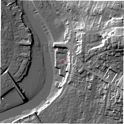 Shaded relief map of the ground around SO181UH, computed from Environment Agency LiDAR. The ground here sits at about 4 m above sea level and falls 48 m across the surrounding 800 m. Surface water reaching this point runs off ground lying to the east-south-east, 7.5 m higher.