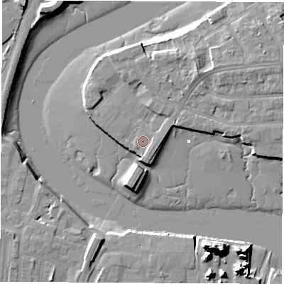 Shaded relief map of the ground around SO181ZA, computed from Environment Agency LiDAR. The ground here sits at about 3 m above sea level and falls 20 m across the surrounding 800 m. Surface water reaching this point runs off ground lying to the north-east, 3.3 m higher.