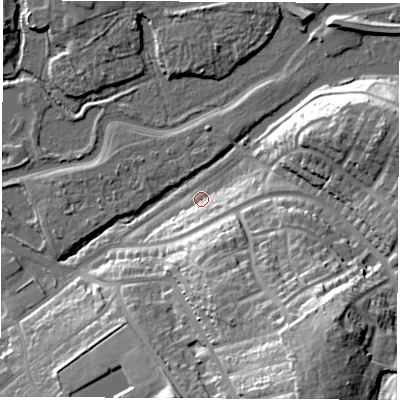 Shaded relief map of the ground around SO182DP, computed from Environment Agency LiDAR. The ground here sits at about 4 m above sea level and falls 38 m across the surrounding 800 m. Surface water reaching this point runs off ground lying to the south-south-east, 35.3 m higher.