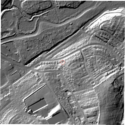 Shaded relief map of the ground around SO182FW, computed from Environment Agency LiDAR. The ground here sits at about 12 m above sea level and falls 41 m across the surrounding 800 m. Surface water reaching this point runs off ground lying to the south-east, 13.4 m higher.