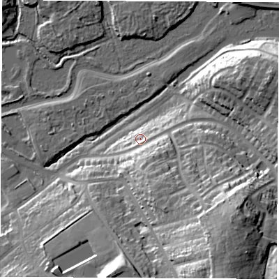 Shaded relief map of the ground around SO182FX, computed from Environment Agency LiDAR. The ground here sits at about 9 m above sea level and falls 40 m across the surrounding 800 m. Surface water reaching this point runs off ground lying to the south-south-east, 17.7 m higher.
