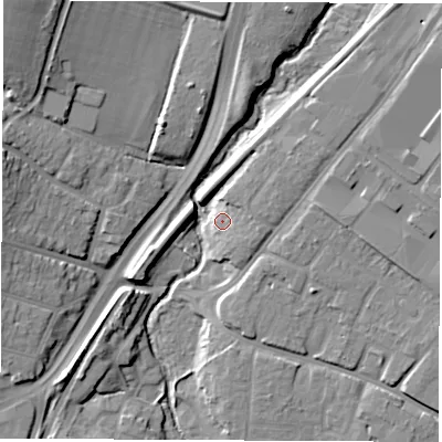 Shaded relief map of the ground around SO182HP, computed from Environment Agency LiDAR. The ground here sits at about 7 m above sea level and falls 19 m across the surrounding 800 m. Surface water reaching this point runs off ground lying to the east-south-east, 5.8 m higher.