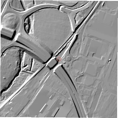 Shaded relief map of the ground around SO182JB, computed from Environment Agency LiDAR. The ground here sits at about 9 m above sea level and falls 16 m across the surrounding 800 m. Surface water reaching this point runs off ground lying to the west, 10.6 m higher.