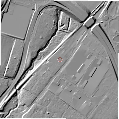 Shaded relief map of the ground around SO182JD, computed from Environment Agency LiDAR. The ground here sits at about 10 m above sea level and falls 17 m across the surrounding 800 m. The ground contributing surface water to this point lies to the south-south-west.