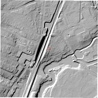 Shaded relief map of the ground around SO182JL, computed from Environment Agency LiDAR. The ground here sits at about 9 m above sea level and falls 28 m across the surrounding 800 m. Surface water reaching this point runs off ground lying to the north-north-west, 2.7 m higher.