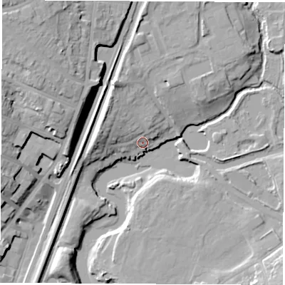 Shaded relief map of the ground around SO182JQ, computed from Environment Agency LiDAR. The ground here sits at about 4 m above sea level and falls 24 m across the surrounding 800 m. Surface water reaching this point runs off ground lying to the north-west, 6.7 m higher.