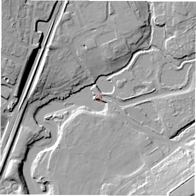 Shaded relief map of the ground around SO182JR, computed from Environment Agency LiDAR. The ground here sits at about 3 m above sea level and falls 21 m across the surrounding 800 m. Surface water reaching this point runs off ground lying to the south-east, 16.2 m higher.