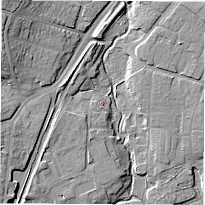 Shaded relief map of the ground around SO182JY, computed from Environment Agency LiDAR. The ground here sits at about 5 m above sea level and falls 21 m across the surrounding 800 m. Surface water reaching this point runs off ground lying to the south-west, 2.7 m higher.