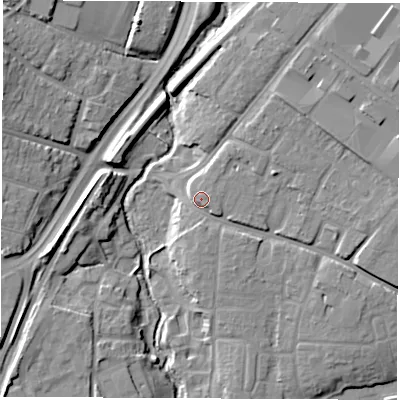 Shaded relief map of the ground around SO182LF, computed from Environment Agency LiDAR. The ground here sits at about 9 m above sea level and falls 13 m across the surrounding 800 m. Surface water reaching this point runs off ground lying to the north-east, 4.1 m higher.