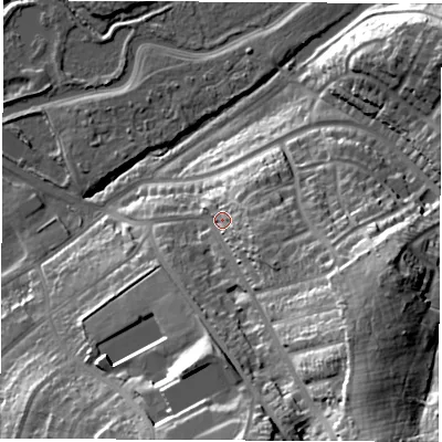 Shaded relief map of the ground around SO182PF, computed from Environment Agency LiDAR. The ground here sits at about 15 m above sea level and falls 42 m across the surrounding 800 m. Surface water reaching this point runs off ground lying to the south-east, 27.1 m higher.