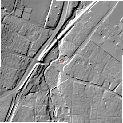 Shaded relief map of the ground around SO182QN, computed from Environment Agency LiDAR. The ground here sits at about 5 m above sea level and falls 17 m across the surrounding 800 m. Surface water reaching this point runs off ground lying to the north-east, 5.0 m higher.