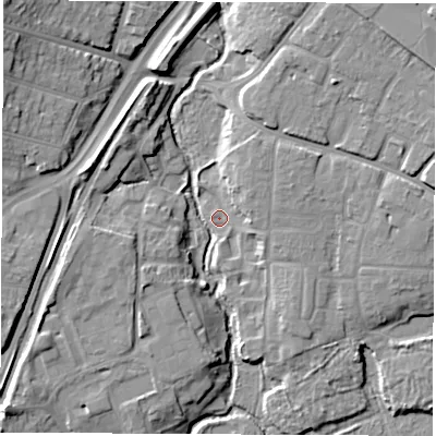 Shaded relief map of the ground around SO182QS, computed from Environment Agency LiDAR. The ground here sits at about 3 m above sea level and falls 16 m across the surrounding 800 m. Surface water reaching this point runs off ground lying to the north-west, 15.3 m higher.