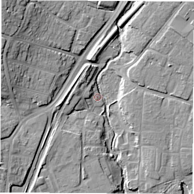 Shaded relief map of the ground around SO182RA, computed from Environment Agency LiDAR. The ground here sits at about 4 m above sea level and falls 22 m across the surrounding 800 m. Surface water reaching this point runs off ground lying to the north-west, 20.5 m higher.