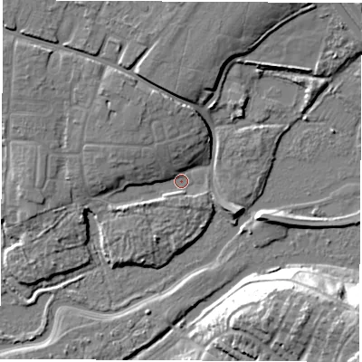 Shaded relief map of the ground around SO182RN, computed from Environment Agency LiDAR. The ground here sits at about 4 m above sea level and falls 22 m across the surrounding 800 m. Surface water reaching this point runs off ground lying to the north-north-west, 6.6 m higher.
