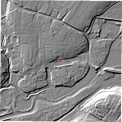 Shaded relief map of the ground around SO182RP, computed from Environment Agency LiDAR. The ground here sits at about 4 m above sea level and falls 20 m across the surrounding 800 m. Surface water reaching this point runs off ground lying to the north, 5.5 m higher.