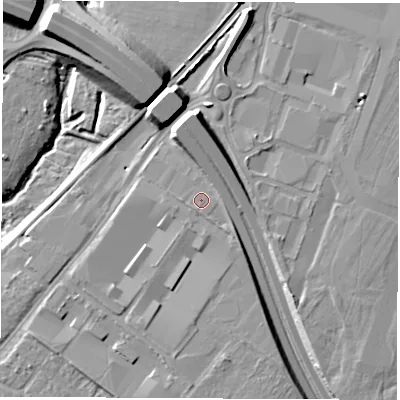 Shaded relief map of the ground around SO182RT, computed from Environment Agency LiDAR. The ground here sits at about 10 m above sea level and falls 16 m across the surrounding 800 m. Surface water reaching this point runs off ground lying to the north-east, 2.9 m higher.