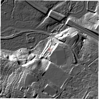 Shaded relief map of the ground around SO183AD, computed from Environment Agency LiDAR. The ground here sits at about 12 m above sea level and falls 32 m across the surrounding 800 m. Surface water reaching this point runs off ground lying to the east-south-east, 8.6 m higher.
