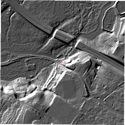 Shaded relief map of the ground around SO183HW, computed from Environment Agency LiDAR. The ground here sits at about 7 m above sea level and falls 30 m across the surrounding 800 m. Surface water reaching this point runs off ground lying to the south, 20.5 m higher.
