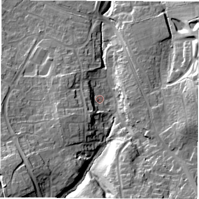 Shaded relief map of the ground around SO183QL, computed from Environment Agency LiDAR. The ground here sits at about 26 m above sea level and falls 31 m across the surrounding 800 m. Surface water reaching this point runs off ground lying to the south-west, 10.7 m higher.