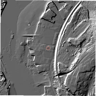 Shaded relief map of the ground around SO197BN, computed from Environment Agency LiDAR. The ground here sits at about 4 m above sea level and falls 27 m across the surrounding 800 m. Surface water reaching this point runs off ground lying to the west-north-west, 0.9 m higher.