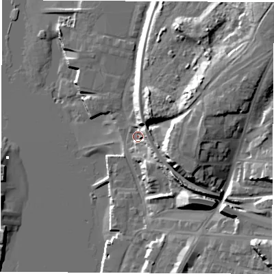 Shaded relief map of the ground around SO197GA, computed from Environment Agency LiDAR. The ground here sits at about 3 m above sea level and falls 30 m across the surrounding 800 m. Surface water reaching this point runs off ground lying to the south-east, 10.2 m higher.
