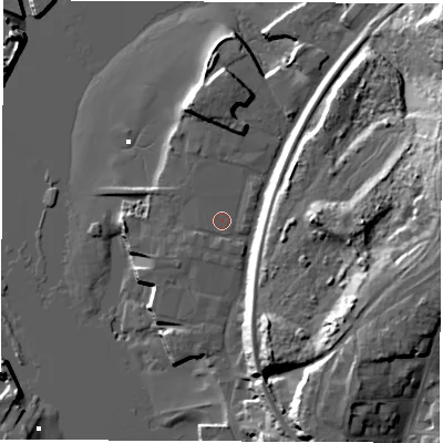 Shaded relief map of the ground around SO197GB, computed from Environment Agency LiDAR. The ground here sits at about 3 m above sea level and falls 27 m across the surrounding 800 m. Surface water reaching this point runs off ground lying to the east-south-east, 0.6 m higher.