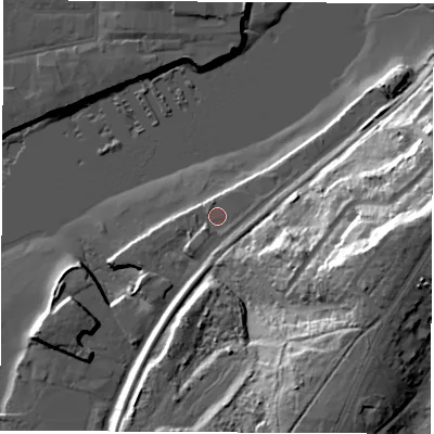 Shaded relief map of the ground around SO197HS, computed from Environment Agency LiDAR. The ground here sits at about 3 m above sea level and falls 37 m across the surrounding 800 m. Surface water reaching this point runs off ground lying to the south-west, 2.2 m higher.