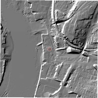 Shaded relief map of the ground around SO197RF, computed from Environment Agency LiDAR. The ground here sits at about 4 m above sea level and falls 27 m across the surrounding 800 m. Surface water reaching this point runs off ground lying to the north-east, 21.2 m higher.