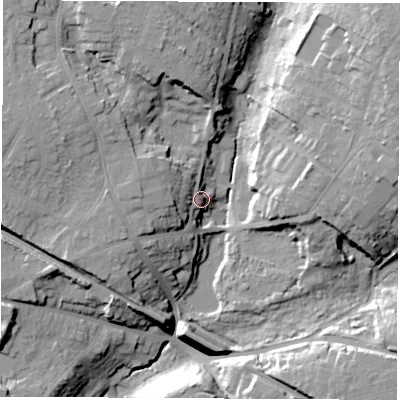 Shaded relief map of the ground around SO198FQ, computed from Environment Agency LiDAR. The ground here sits at about 22 m above sea level and falls 28 m across the surrounding 800 m. Surface water reaching this point runs off ground lying to the west, 14.5 m higher.