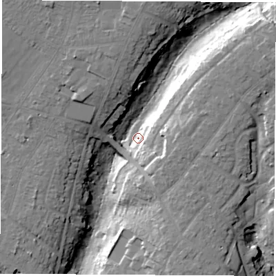 Shaded relief map of the ground around SO198PL, computed from Environment Agency LiDAR. The ground here sits at about 26 m above sea level and falls 27 m across the surrounding 800 m. Surface water reaching this point runs off ground lying to the north-east, 22.5 m higher.