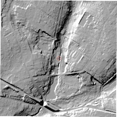 Shaded relief map of the ground around SO198SY, computed from Environment Agency LiDAR. The ground here sits at about 17 m above sea level and falls 29 m across the surrounding 800 m. Surface water reaching this point runs off ground lying to the north-east, 22.7 m higher.