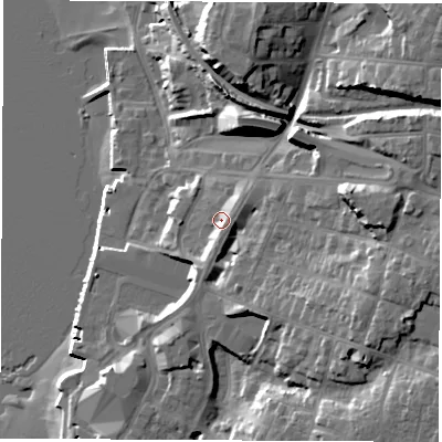 Shaded relief map of the ground around SO199DX, computed from Environment Agency LiDAR. The ground here sits at about 10 m above sea level and falls 28 m across the surrounding 800 m. Surface water reaching this point runs off ground lying to the north-east, 3.6 m higher.
