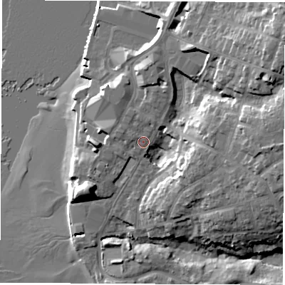 Shaded relief map of the ground around SO199EF, computed from Environment Agency LiDAR. The ground here sits at about 8 m above sea level and falls 25 m across the surrounding 800 m. Surface water reaching this point runs off ground lying to the north-north-west, 2.8 m higher.
