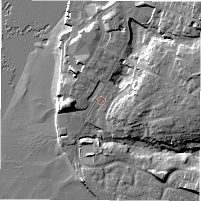 Shaded relief map of the ground around SO199EG, computed from Environment Agency LiDAR. The ground here sits at about 6 m above sea level and falls 24 m across the surrounding 800 m. Surface water reaching this point runs off ground lying to the north-north-east, 1.8 m higher.
