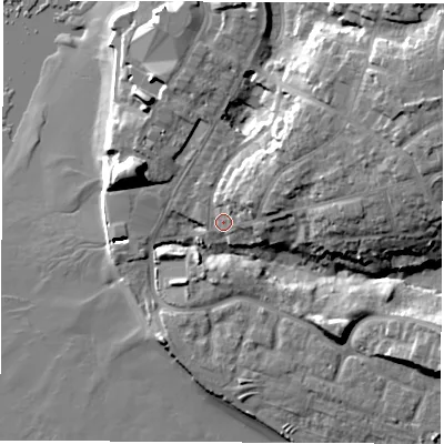 Shaded relief map of the ground around SO199FL, computed from Environment Agency LiDAR. The ground here sits at about 6 m above sea level and falls 23 m across the surrounding 800 m. Surface water reaching this point runs off ground lying to the east-north-east, 16.9 m higher.