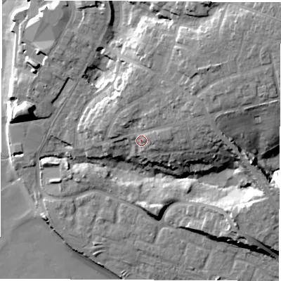 Shaded relief map of the ground around SO199FN, computed from Environment Agency LiDAR. The ground here sits at about 12 m above sea level and falls 25 m across the surrounding 800 m. Surface water reaching this point runs off ground lying to the north-east, 11.2 m higher.
