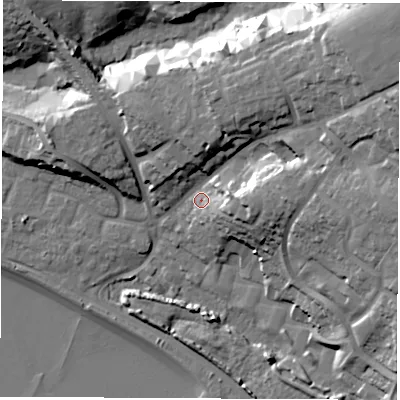 Shaded relief map of the ground around SO199GH, computed from Environment Agency LiDAR. The ground here sits at about 9 m above sea level and falls 28 m across the surrounding 800 m. Surface water reaching this point runs off ground lying to the north-east, 18.8 m higher.