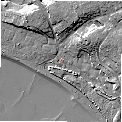 Shaded relief map of the ground around SO199RA, computed from Environment Agency LiDAR. The ground here sits at about 3 m above sea level and falls 28 m across the surrounding 800 m. Surface water reaching this point runs off ground lying to the north, 2.2 m higher.