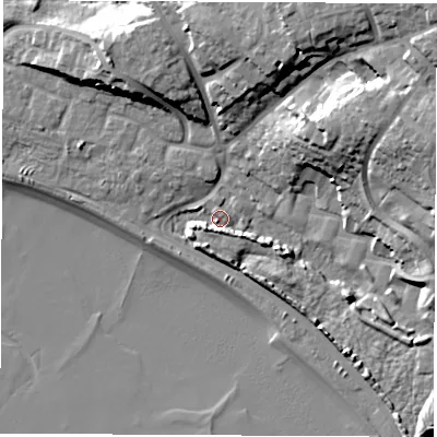 Shaded relief map of the ground around SO199SH, computed from Environment Agency LiDAR. The ground here sits at about 3 m above sea level and falls 26 m across the surrounding 800 m. Surface water reaching this point runs off ground lying to the east-north-east, 20.1 m higher.