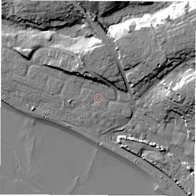 Shaded relief map of the ground around SO199TE, computed from Environment Agency LiDAR. The ground here sits at about 5 m above sea level and falls 24 m across the surrounding 800 m. Surface water reaching this point runs off ground lying to the north, 7.4 m higher.