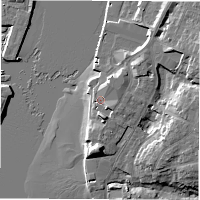 Shaded relief map of the ground around SO199UJ, computed from Environment Agency LiDAR. The ground here sits at about 6 m above sea level and falls 20 m across the surrounding 800 m. Surface water reaching this point runs off ground lying to the north-east, 4.8 m higher.