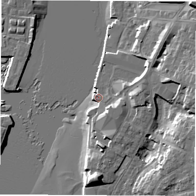 Shaded relief map of the ground around SO199UR, computed from Environment Agency LiDAR. The ground here sits at about 5 m above sea level and falls 21 m across the surrounding 800 m. Surface water reaching this point runs off ground lying to the south-east, 10.4 m higher.