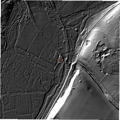 Shaded relief map of the ground around SO206AX, computed from Environment Agency LiDAR. The ground here sits at about 41 m above sea level and falls 36 m across the surrounding 800 m. Surface water reaching this point runs off ground lying to the north-east, 3.7 m higher.