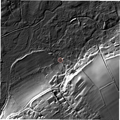 Shaded relief map of the ground around SO206BB, computed from Environment Agency LiDAR. The ground here sits at about 43 m above sea level and falls 32 m across the surrounding 800 m. Surface water reaching this point runs off ground lying to the south-east, 29.7 m higher.