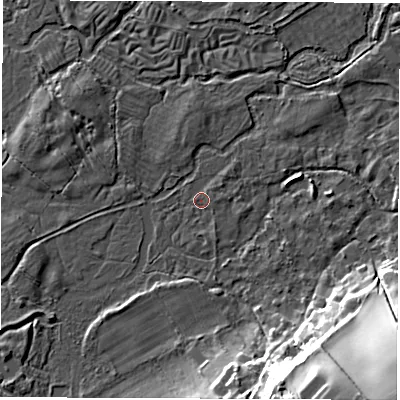 Shaded relief map of the ground around SO206BD, computed from Environment Agency LiDAR. The ground here sits at about 43 m above sea level and falls 26 m across the surrounding 800 m. Surface water reaching this point runs off ground lying to the north-east, 1.0 m higher.
