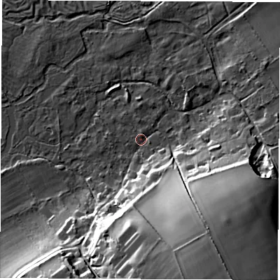 Shaded relief map of the ground around SO206BE, computed from Environment Agency LiDAR. The ground here sits at about 43 m above sea level and falls 30 m across the surrounding 800 m. Surface water reaching this point runs off ground lying to the south-south-east, 29.0 m higher.
