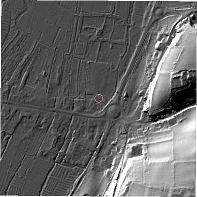 Shaded relief map of the ground around SO206DG, computed from Environment Agency LiDAR. The ground here sits at about 35 m above sea level and falls 58 m across the surrounding 800 m. Surface water reaching this point runs off ground lying to the south-east, 2.8 m higher.