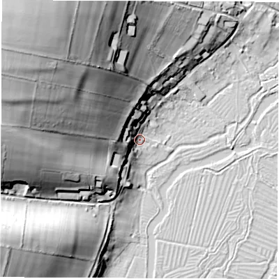 Shaded relief map of the ground around SO206DP, computed from Environment Agency LiDAR. The ground here sits at about 38 m above sea level and falls 50 m across the surrounding 800 m. Surface water reaching this point runs off ground lying to the north-west, 45.0 m higher.