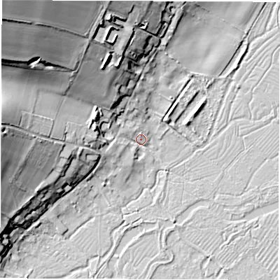 Shaded relief map of the ground around SO206EF, computed from Environment Agency LiDAR. The ground here sits at about 39 m above sea level and falls 45 m across the surrounding 800 m. Surface water reaching this point runs off ground lying to the north-west, 43.6 m higher.
